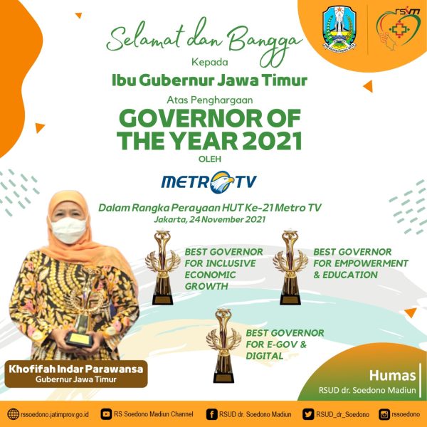 Selamat dan bangga kepada Ibu Gubernur Jawa Timur, Khofifah Indar Parawansa, atas penghargaan “Governor of The Year 2021” dari Stasiun Televisi Nasional, Metro TV dalam rangka perayaan HUT Ke-21 Metro TV.